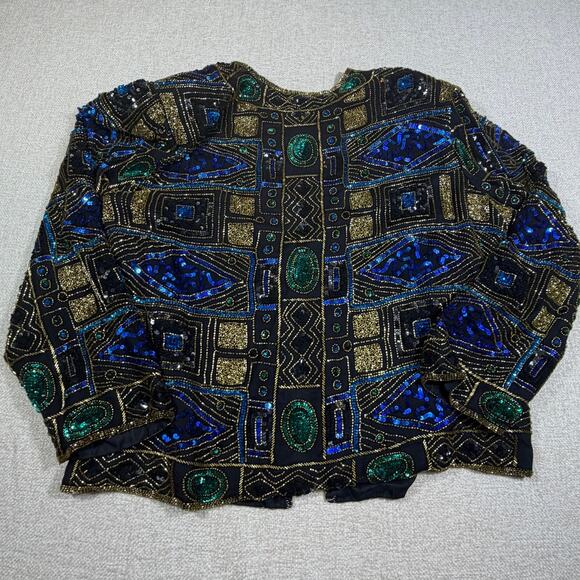 Scala Women 2X Black Gold Sequin Silk Beaded Long Sleeve Hook Eye Evening Jacket - Picture 2 of 12